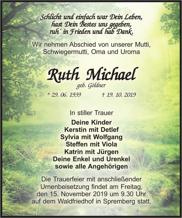Traueranzeige Ruth Michael, geb. Göldner
