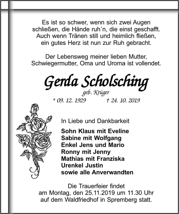 Traueranzeige Gerda Scholsching, geb. Krüger