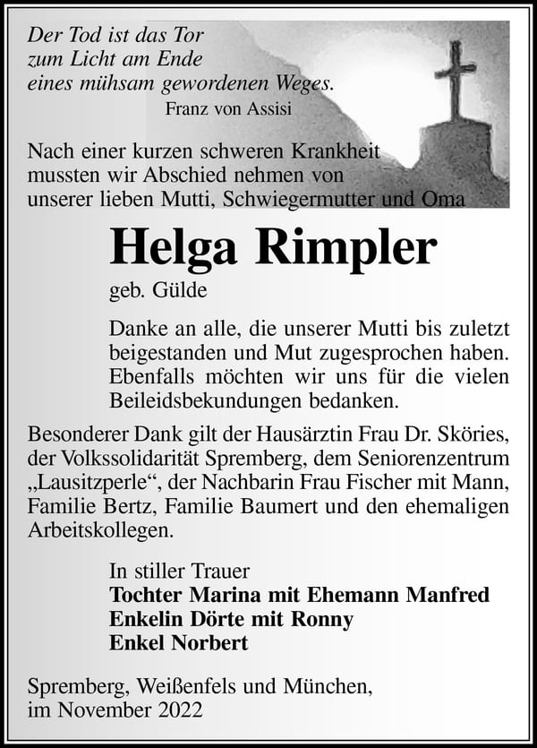 Traueranzeige Helga Rimpler, geb. Gülde