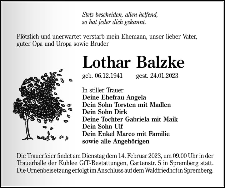 Traueranzeige Lothar Balzke