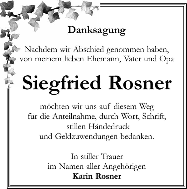 Danksagung Siegfried Rosner
