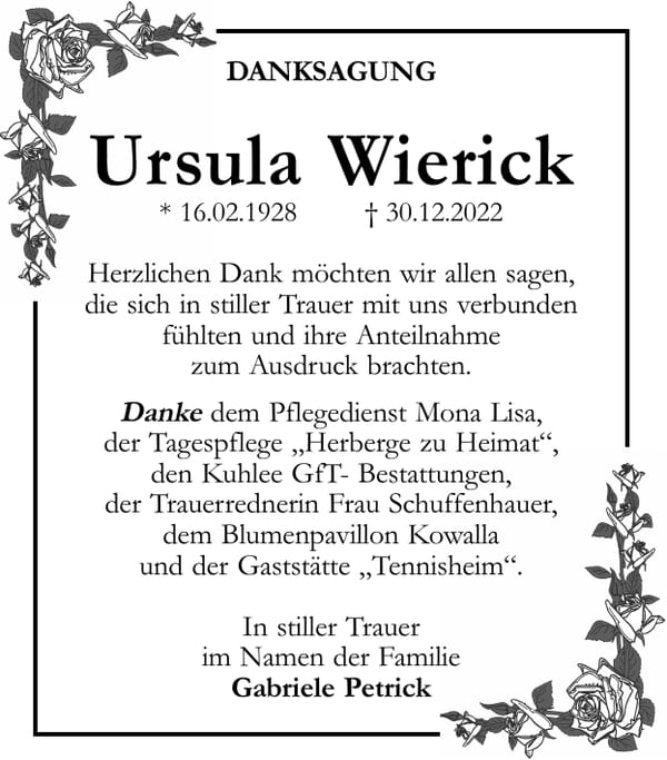 Danksagung Ursula Wierick