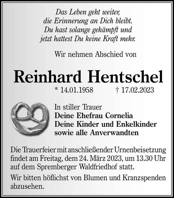 Traueranzeige Reinhard Hentschel