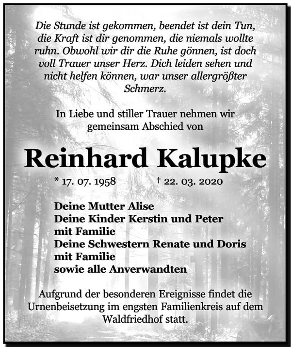 Traueranzeige Reinhard Kalupke