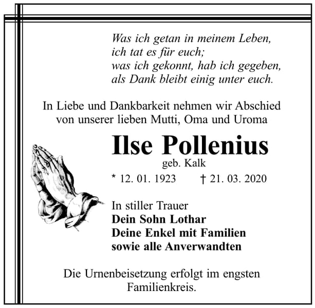 Traueranzeige Ilse Pollenius, geb. Kalk