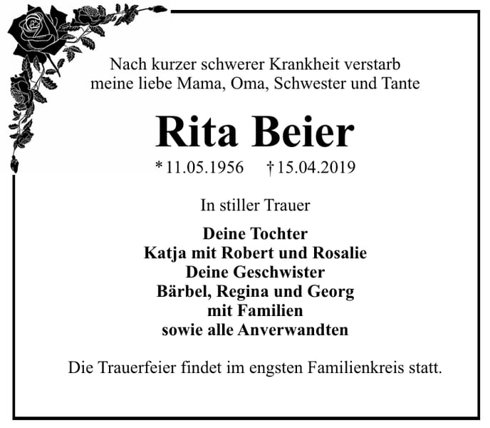 Traueranzeige Rita Beier
