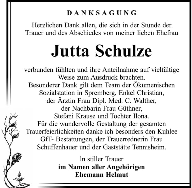 Traueranzeige Jutta Schulze