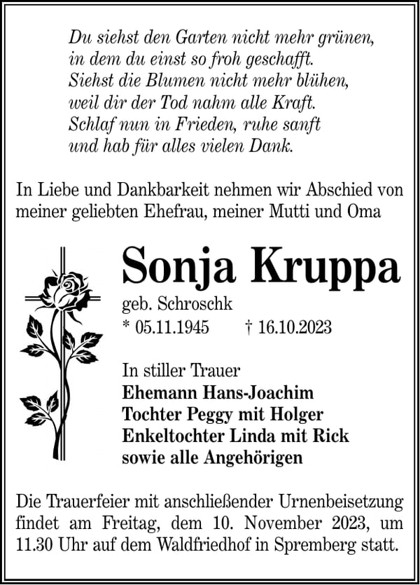 Traueranzeige Sonja Kruppa, geb. Schroschk