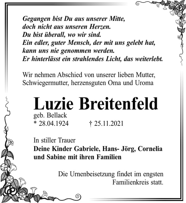 Traueranzeige Luzie Breitenfeld, geb. Bellack