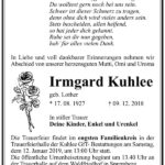 Traueranzeige Irmgard Kuhlee, geb. Lother