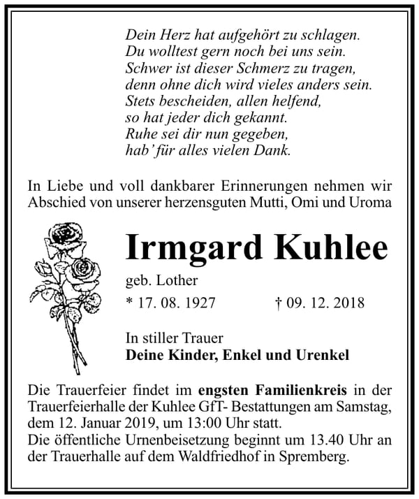 Traueranzeige Irmgard Kuhlee, geb. Lother