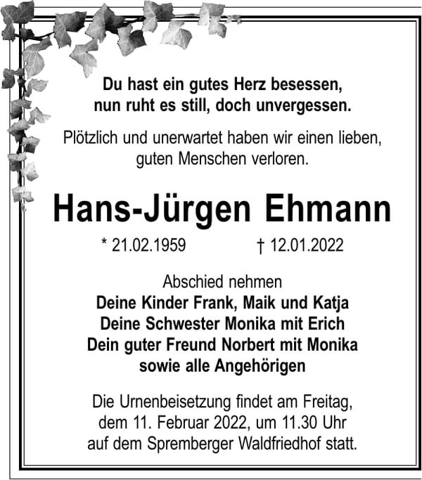 Traueranzeige Hans-Jürgen Ehmann