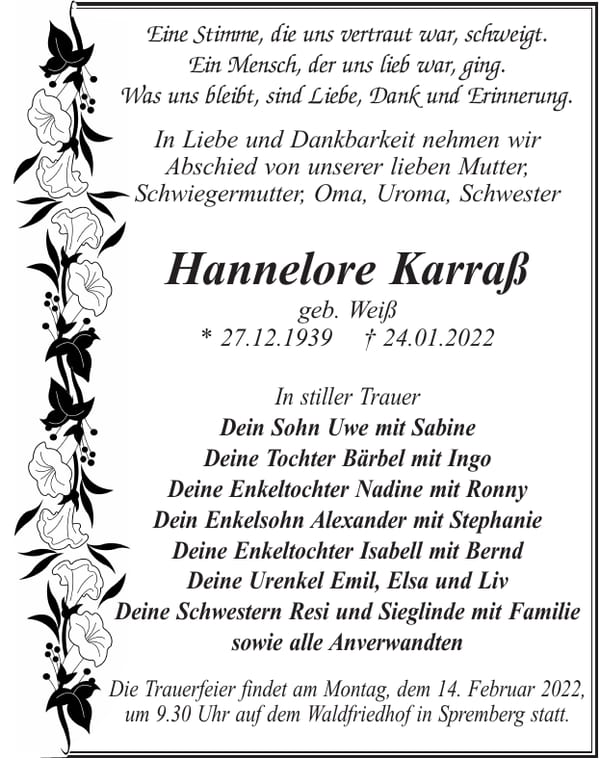 Traueranzeige Hannelore Karraß, geb. Weiß