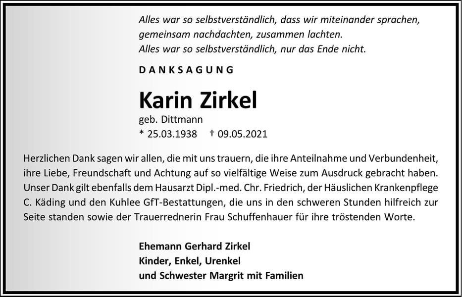 Danksagung Karin Zirkel, geb. Dittmann