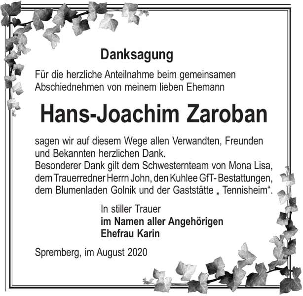 Danksagung Hans-Joachim Zaroban