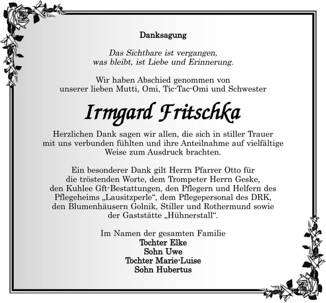 Danksagung Irmgard Fritschka