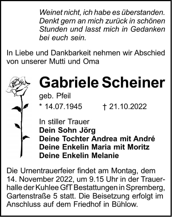 Traueranzeige Gabriele Scheiner, geb. Pfeil