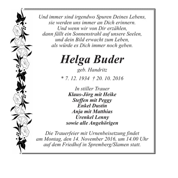 Traueranzeige Helga Buder, geb. Handritz