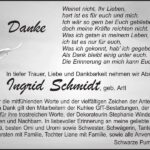 Danksagung Ingrid Schmidt, geb. Arlt