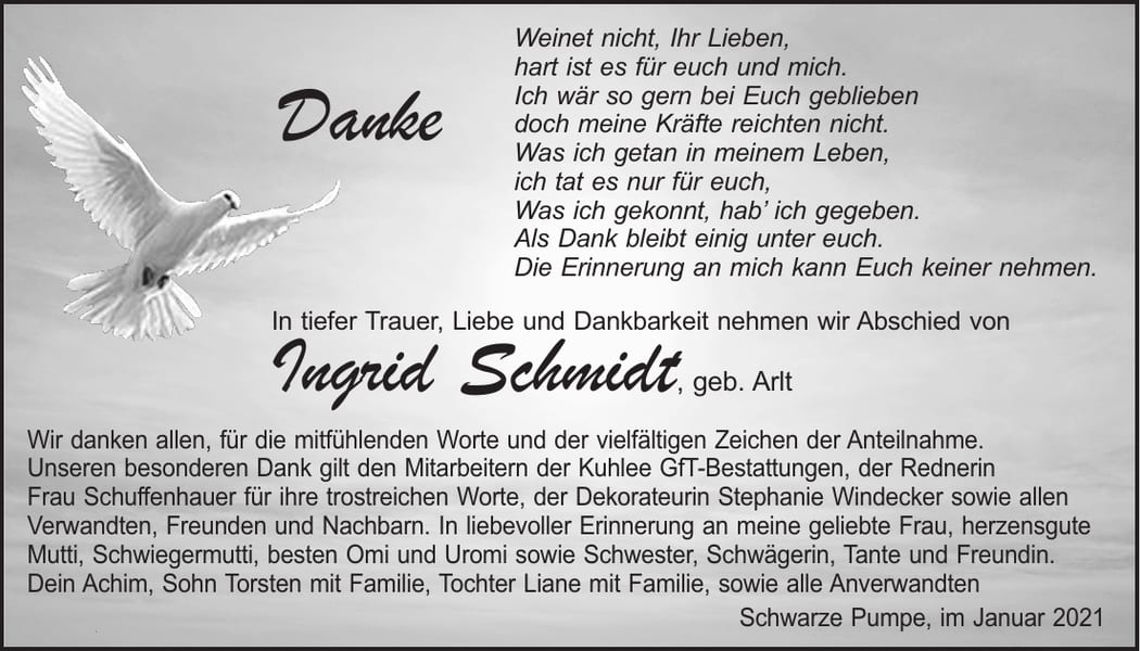 Danksagung Ingrid Schmidt, geb. Arlt