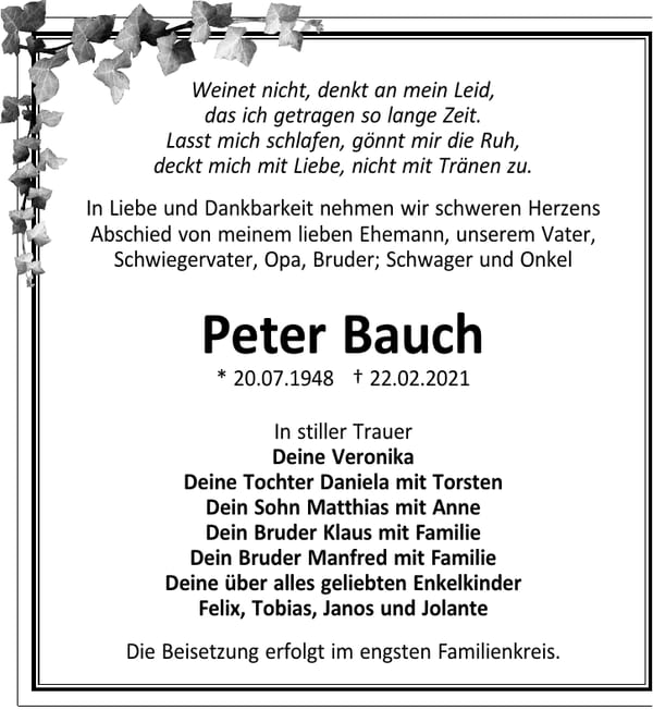 Traueranzeige Peter Bauch