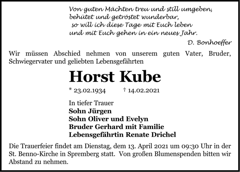 Traueranzeige Horst Kube