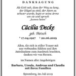 Traueranzeige Cäcilia Decke, geb. Pietsch