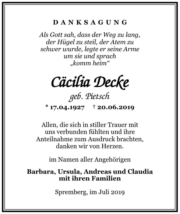 Traueranzeige Cäcilia Decke, geb. Pietsch