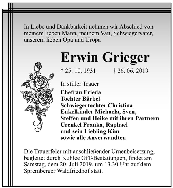 Traueranzeige Erwin Grieger