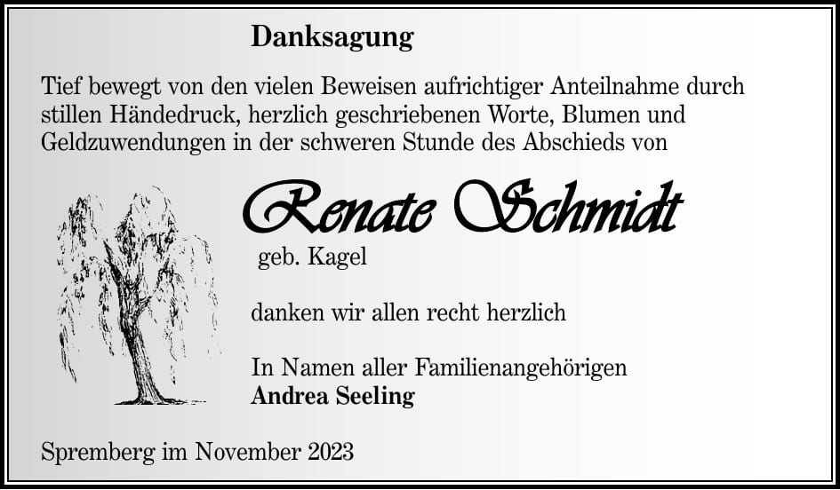Danksagung Renate Schmidt, geb. Kagel