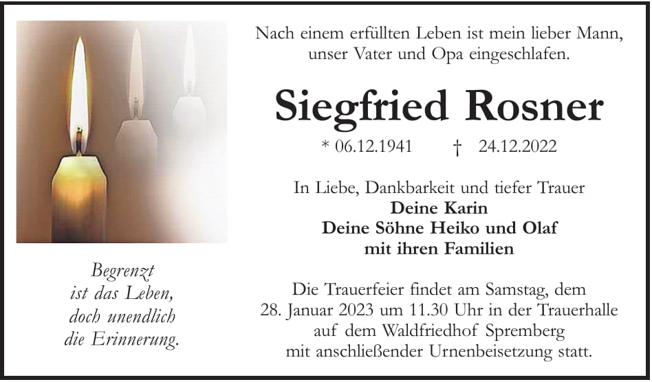 Traueranzeige Siegfried Rosner
