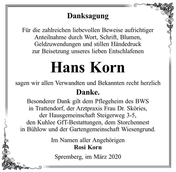 Danksagung Hans Korn
