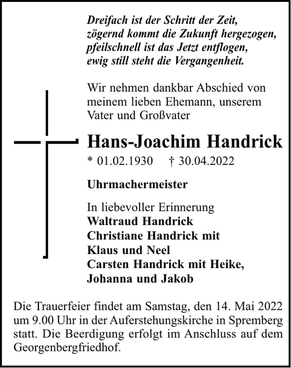 Traueranzeige Hans-Joachim Handrick