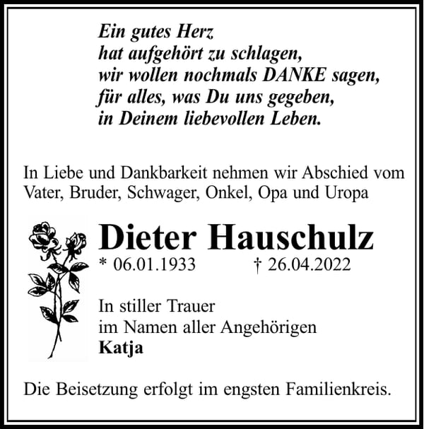 Traueranzeige Dieter Hauschulz