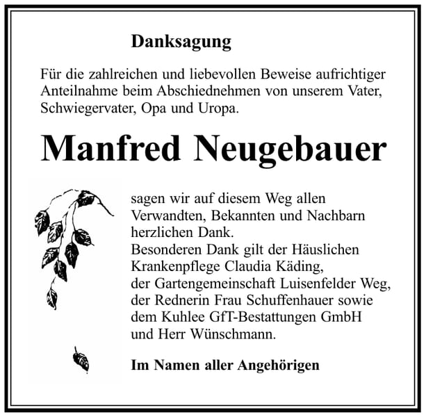 Traueranzeige Manfred Neugebauer