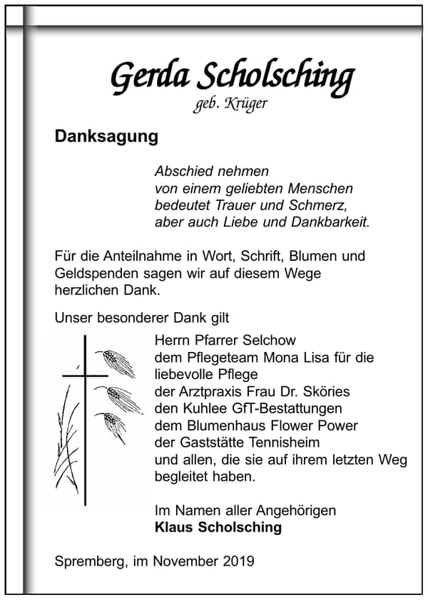 Danksagung Gerda Scholsching, geb. Krüger