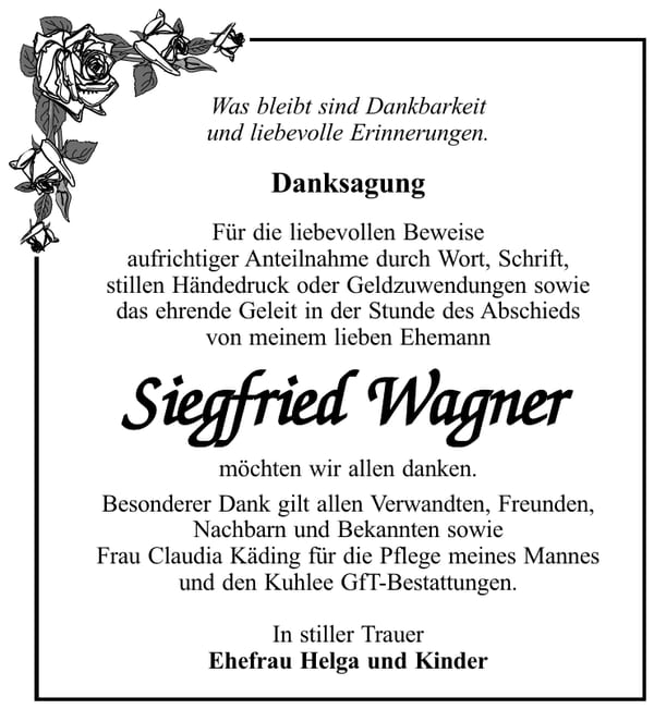 Danksagung Siegfried Wagner