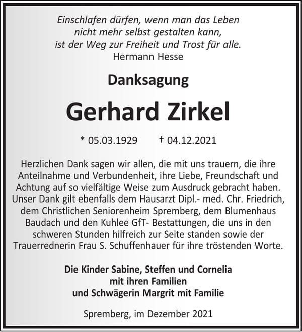 Danksagung Gerhard Zirkel