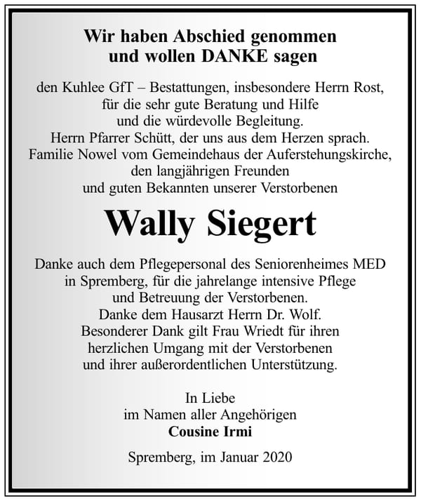 Danksagung Wally Siegert