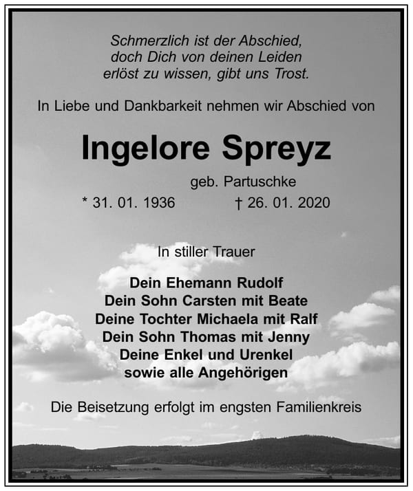 Traueranzeige Ingelore Spreyz, geb. Partuschke