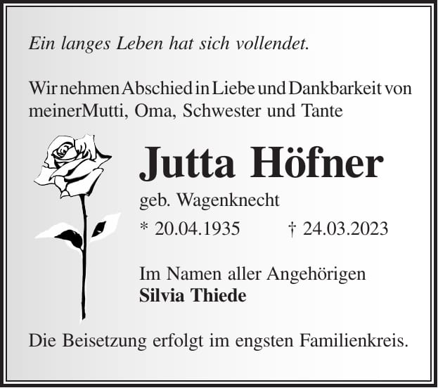 Traueranzeige Jutta Höfner, geb. Wagenknecht