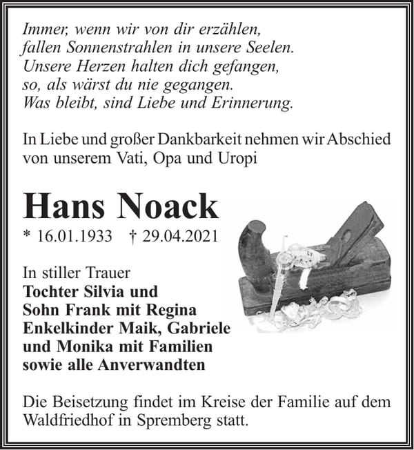 Traueranzeige Hans Noack