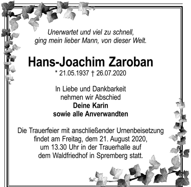 Traueranzeige Hans-Joachim Zaroban