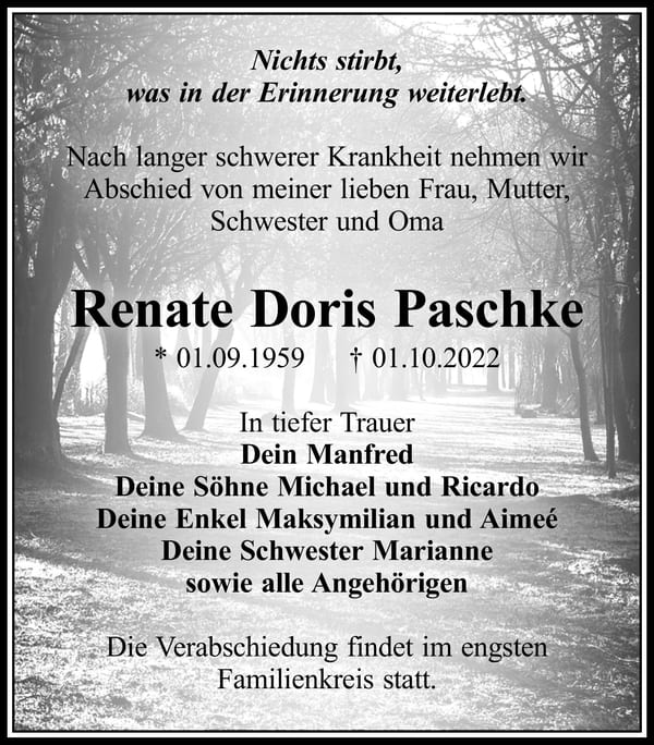 Traueranzeige Renate Doris Paschke