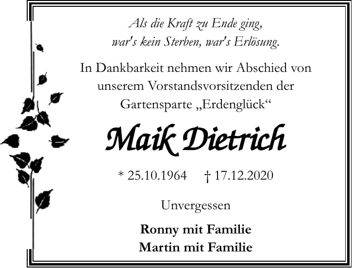 Traueranzeige Maik Dietrich