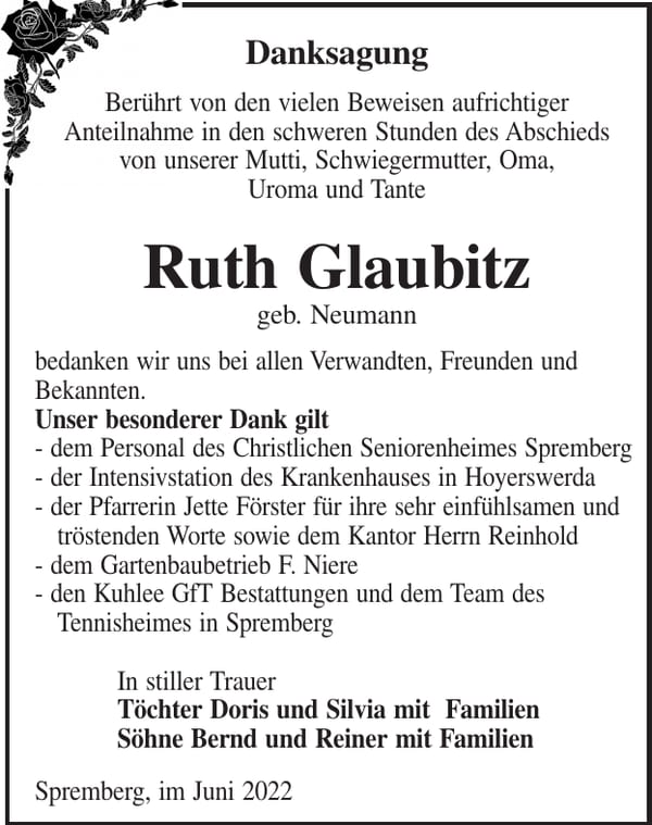 Danksagung Ruth Glaubitz, geb. Neumann
