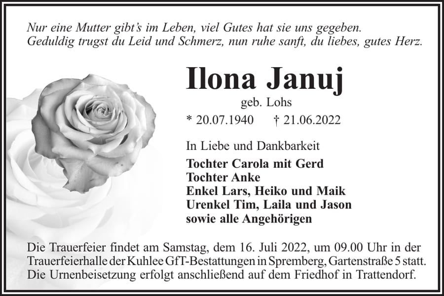 Traueranzeige Ilona Januj, geb. Lohs