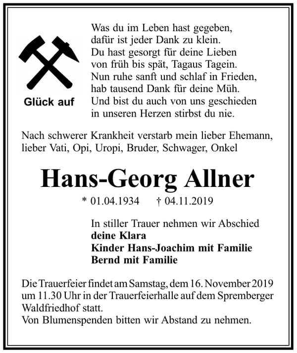 Traueranzeige Hans-Georg Allner