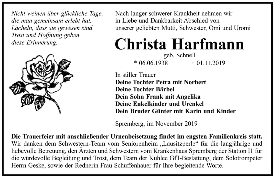 Traueranzeige Christa Harfmann, geb. Schnell
