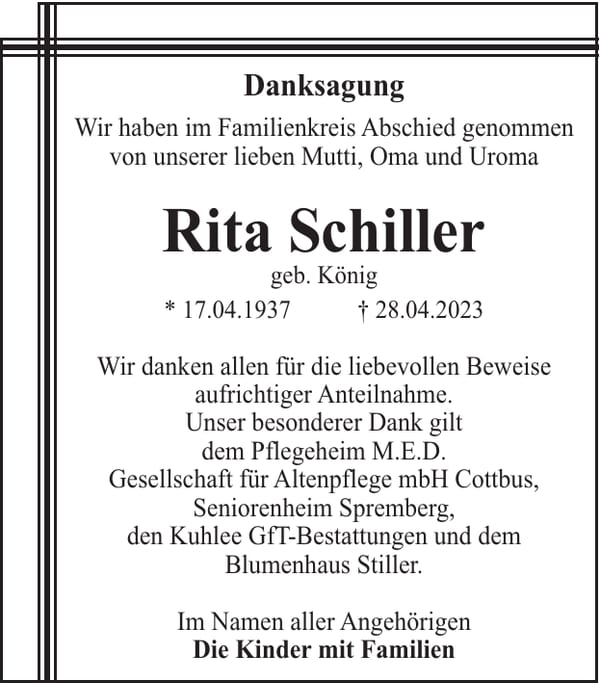 Danksagung Rita Schiller, geb. König